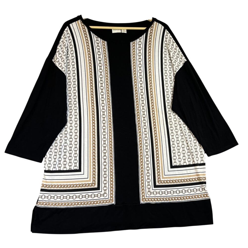 Chicos Zenergy Tunic Top Size 3/XL Black Gold Chain Print Pullover Stretchy Knit